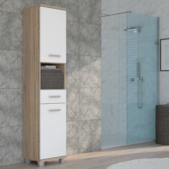Vareon Tall Wooden Bathroom Cabinet in Sonoma Oak and White High Gloss