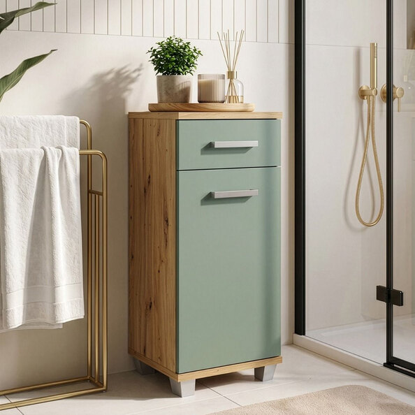 Vareon Wooden Bathroom Cabinet with 1 Door 1 Drawer in Artisan Oak and Sage Green