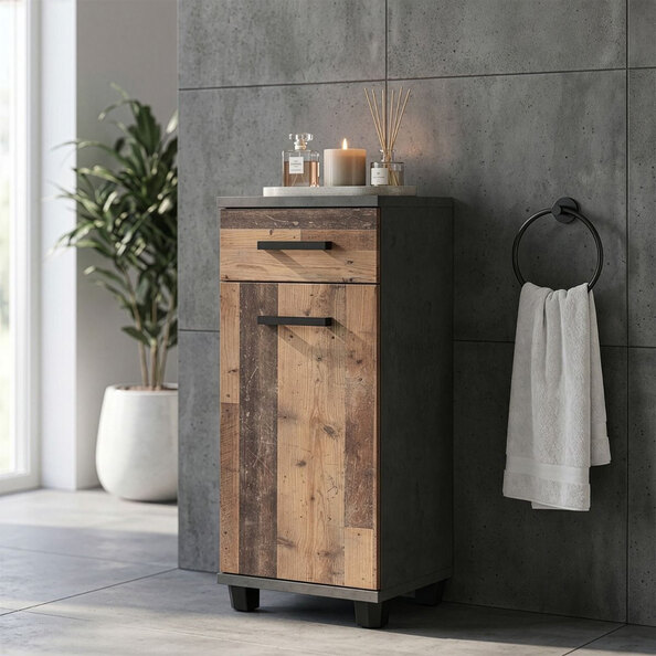 Vareon Wooden Bathroom Cabinet with 1 Door 1 Drawer in Walnut and Dark Grey