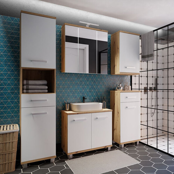 Vareon Wooden Bathroom Furniture Set in Artisan Oak and Light Grey