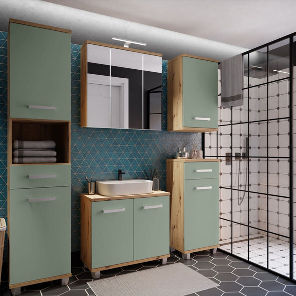 Vareon Wooden Bathroom Furniture Set in Artisan Oak and Sage Green