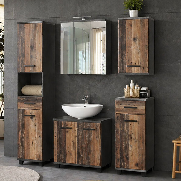Vareon Wooden Bathroom Furniture Set in Walnut and Dark Grey