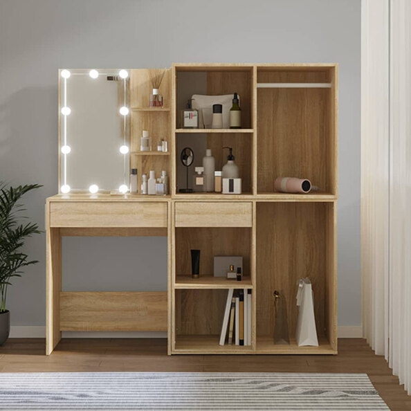 Varro Wooden Dressing Set In Sonoma Oak With 2 Cabinets And LED