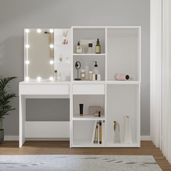 Varro Wooden Dressing Set In White With 2 Cabinets And LED