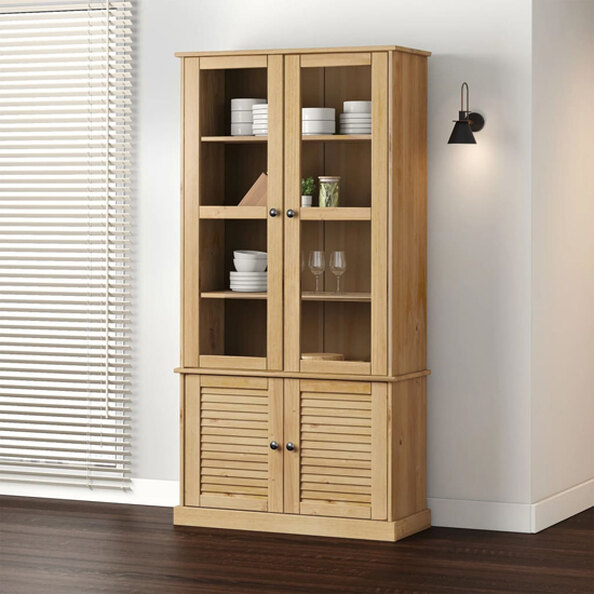Vega Pinewood Display Cabinet With 2 Glass Doors In Brown