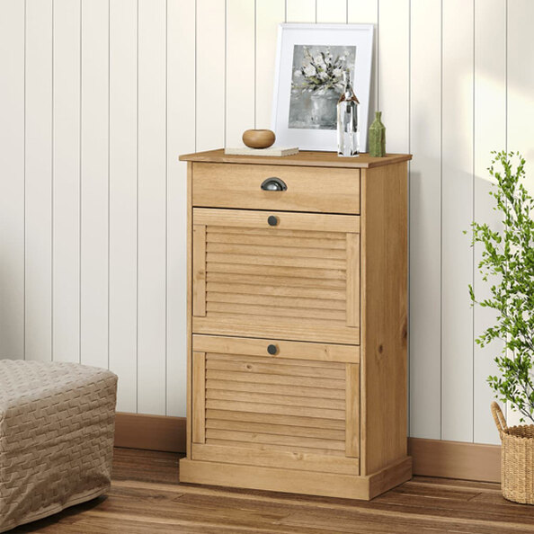 Vega Pinewood Shoe Storage Cabinet With 2 Flap Doors In Brown