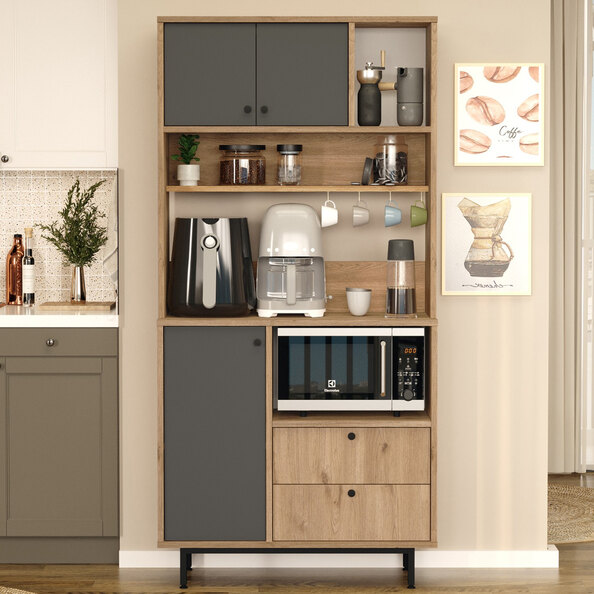 Velano Wooden Coffee Station Cabinet with 3 Anthracite Doors 2 Shelf in Oak