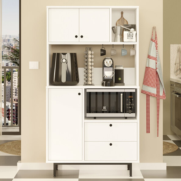 Velano Wooden Coffee Station Cabinet with 3 Doors 2 Drawers in White