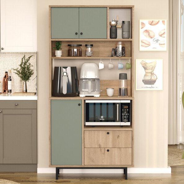 Velano Wooden Coffee Station Cabinet with 3 Green Doors 2 Shelf in Oak