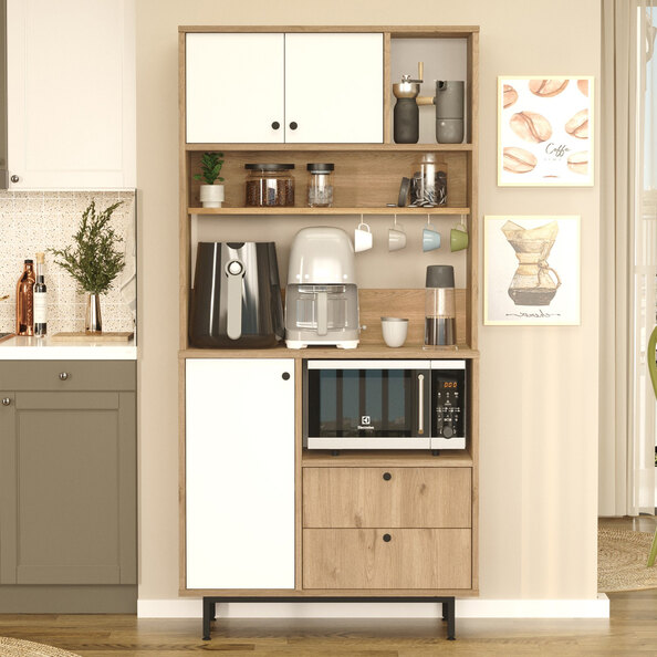 Velano Wooden Coffee Station Cabinet with 3 White Doors 2 Shelf in Oak