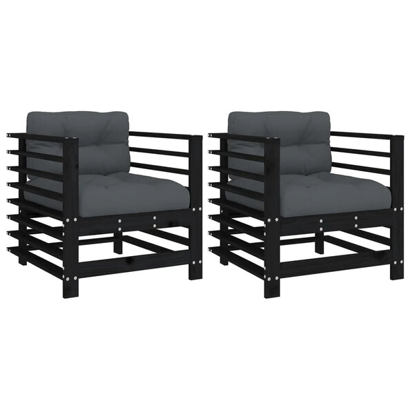Velaro Garden Black Solid Pinewood Armchairs with Anthracite Cushions in Pair