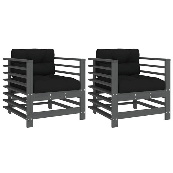 Velaro Garden Grey Solid Pinewood Armchairs with Black Cushions in Pair