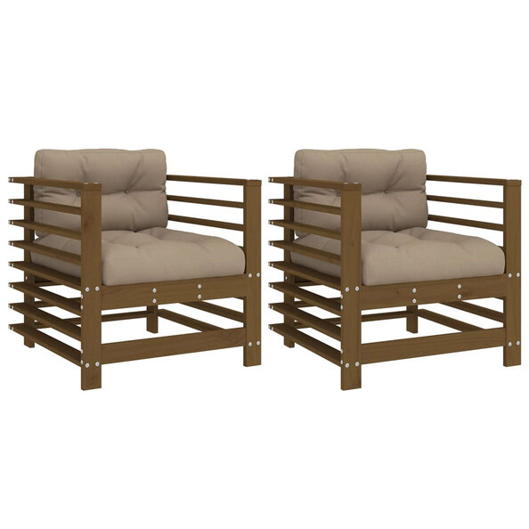 Velaro Garden Honey Brown Solid Pinewood Armchairs with Taupe Cushions in Pair