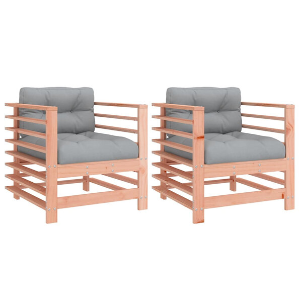 Velaro Garden Natural Solid Pinewood Armchairs with Grey Cushions in Pair