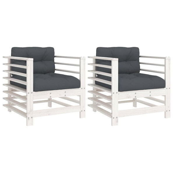 Velaro Garden White Solid Pinewood Armchairs with Anthracite Cushions in Pair