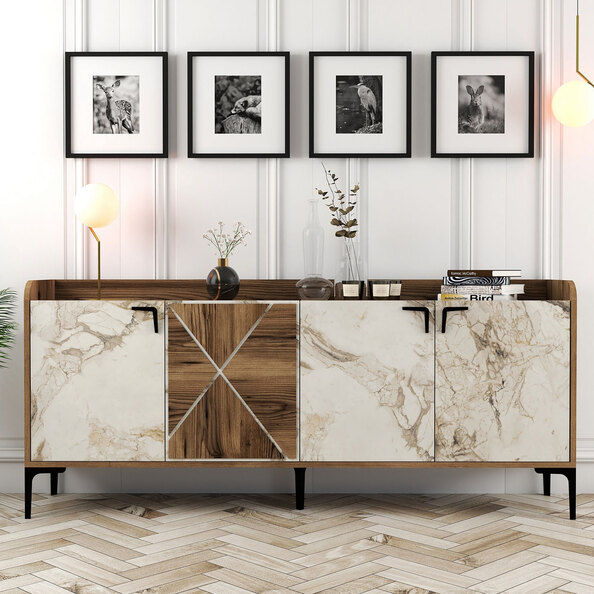 Venedik Wooden Sideboard with 4 Doors in Walnut and White Marble Effect