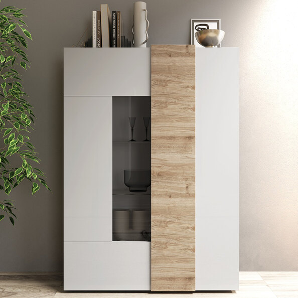 Venice White High Gloss Display Cabinet 2 Doors In Cadiz Oak