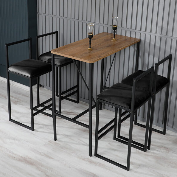 Verano Wooden Bar Table with 4 Black Stools in Walnut