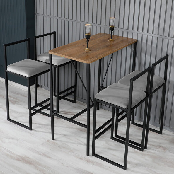 Verano Wooden Bar Table with 4 Grey Stools in Walnut