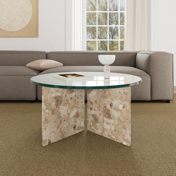 Verdun Clear Tempered Glass Top Coffee Table with Matt Latte Brown Lacquered Marble Base