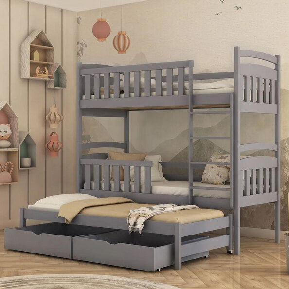 Vernal Wooden Bunk Bed With Foam Mattress And Trundle In Grey