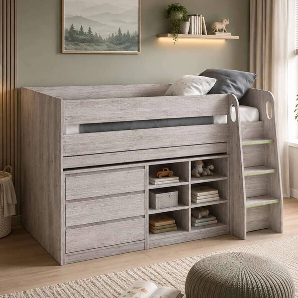 Vestal Wooden Midsleeper Bed with Storage in Grey Oak