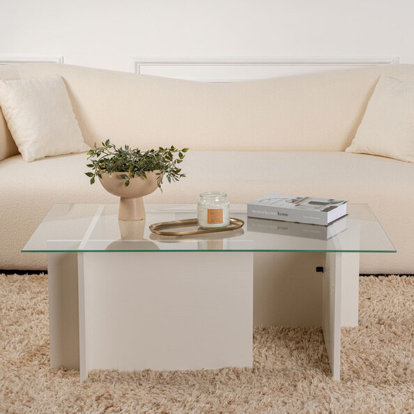Vetrio Rectangular Clear Glass Coffee Table with White Wooden Base