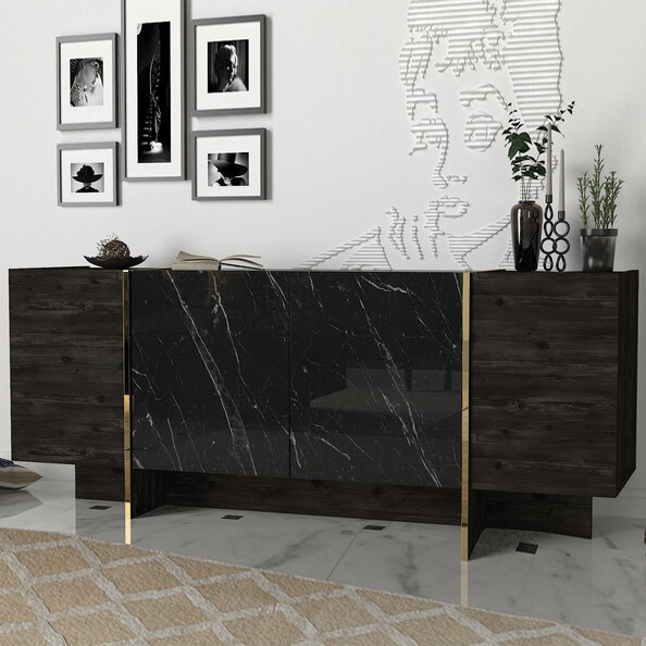 Veyron Wooden Sideboard with 4 Doors in Black and Gold