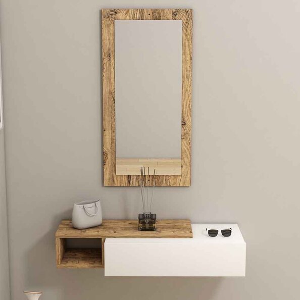 Vien Glass Wall Mirror with Atlantic Pine Wooden Frame and Shelf