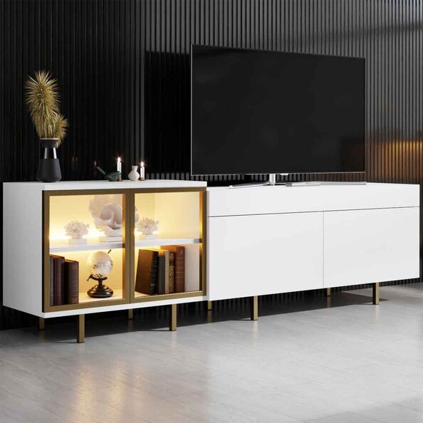 Vienna Wooden LED TV Stand with 2 Doors in White and Gold