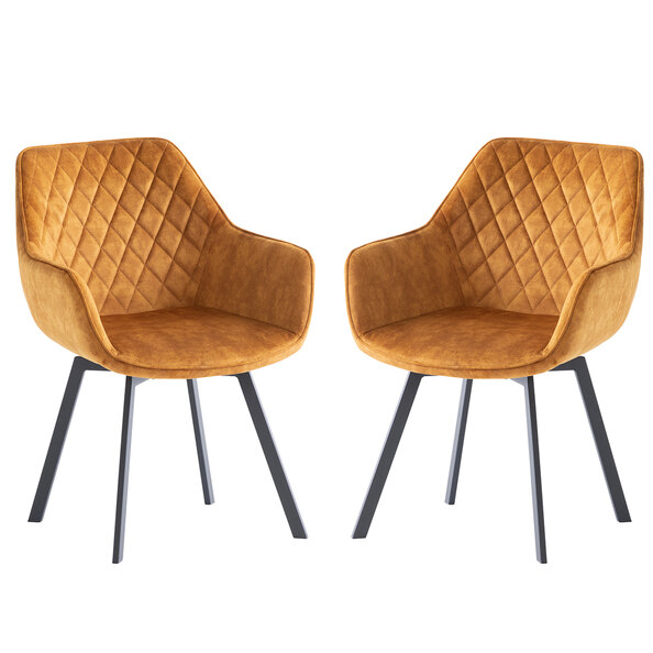Viha Antique Gold Velvet Swivel Dining Chairs with Black Legs in Pair