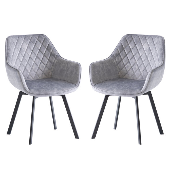 Viha Silver Velvet Swivel Dining Chairs with Black Legs in Pair