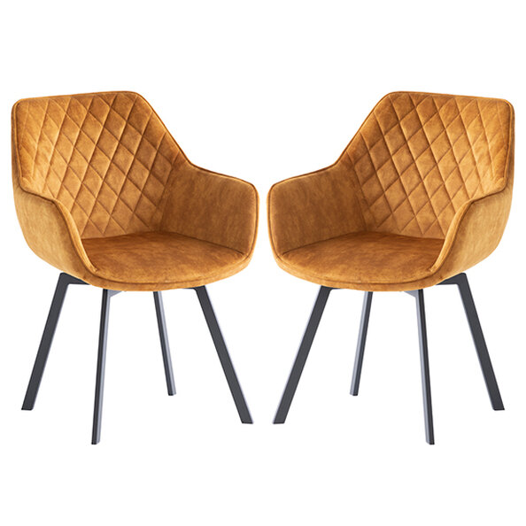 Viha Swivel Antique Gold Velvet Dining Chairs In Pair