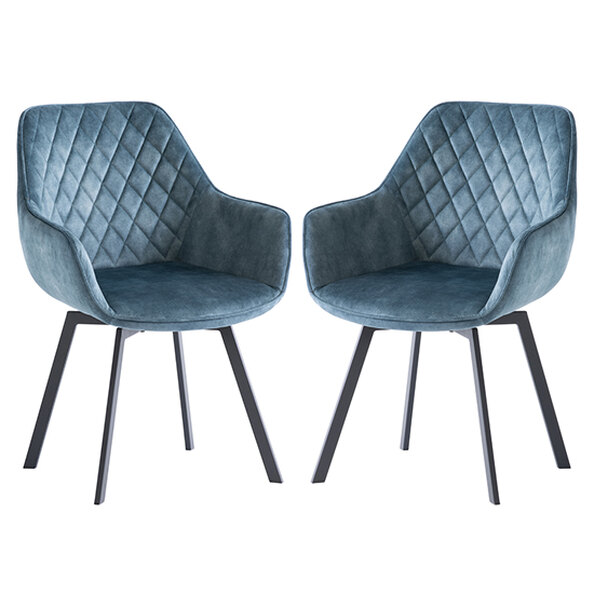 Viha Swivel Teal Velvet Dining Chairs In Pair