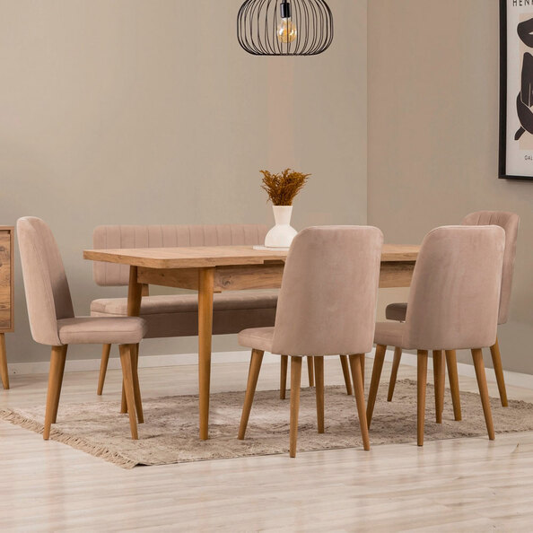 Vina Atlantic Pine Rectangular Wooden Extending Dining Table with 4 Fabric Stone Chairs and 1 Bench