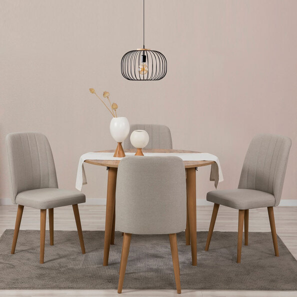 Vina Atlantic Pine Round Wooden Extending Dining Table with 4 Fabric Cream Chairs