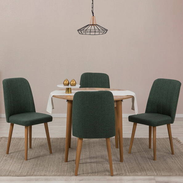 Vina Atlantic Pine Round Wooden Extending Dining Table with 4 Fabric Green Chairs