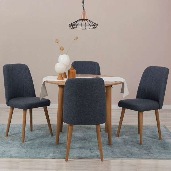 Vina Atlantic Pine Round Wooden Extending Dining Table with 4 Fabric Navy Blue Chairs