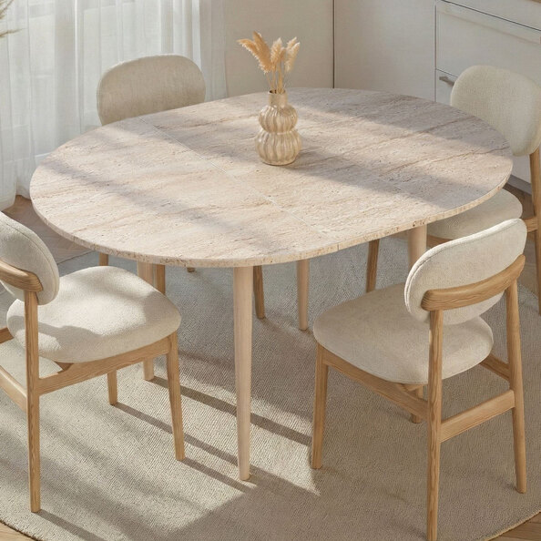 Vionael Oval Wooden Extending Dining Table in Travertine Marble Effect Oak
