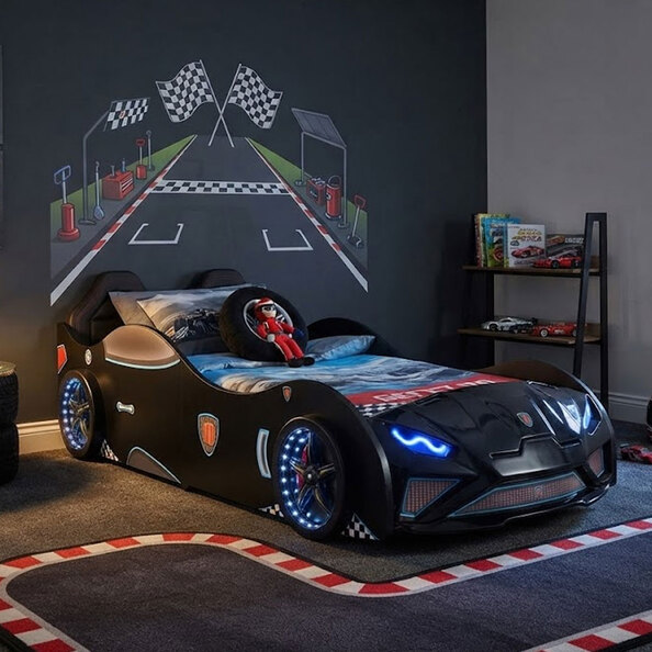 Vroom Black ABS Childen Car Bed with Leather Seat and LED