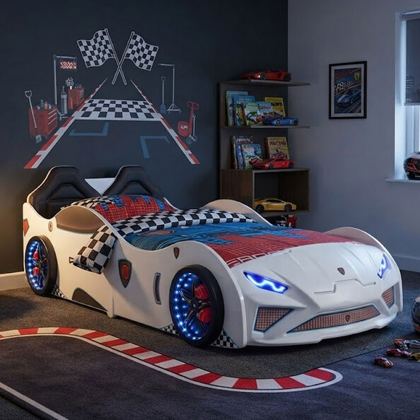 Vroom White ABS Childen Car Bed with Leather Seat and LED