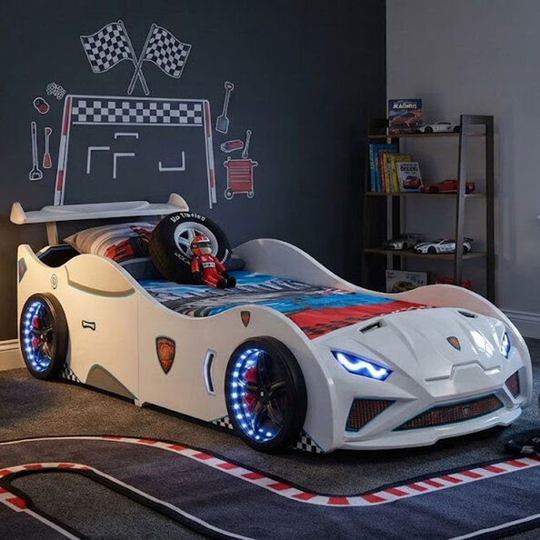 Vroom White ABS Childen Car Bed with Spoiler and LED