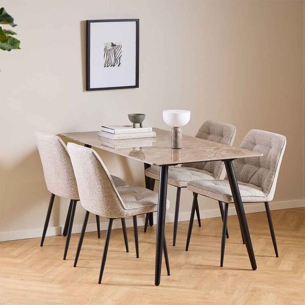 Waldorf Brown Ceramic Dining Table With 4 Bethel Chairs In Beige