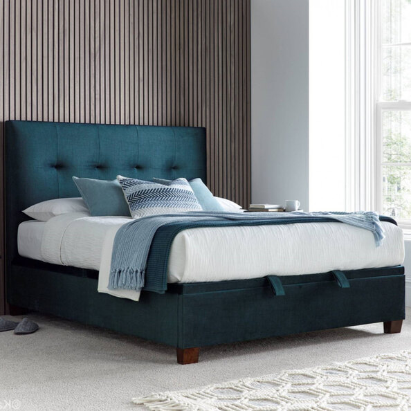 Walker Velvet Ottoman Storage Double Bed In Deep Ocean