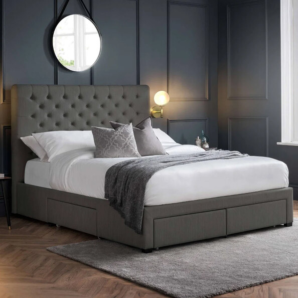 Walsh Fabric King Size Bed with 4 Drawers in Dark Grey