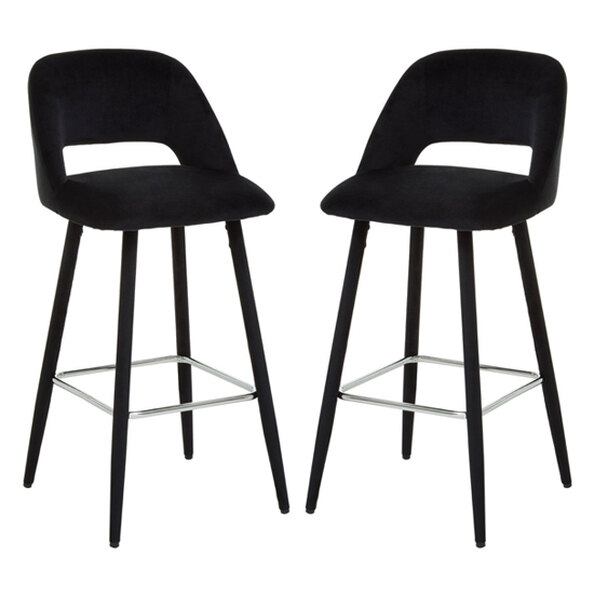Warns Black Velvet Bar Chairs With Silver Footrest In A Pair