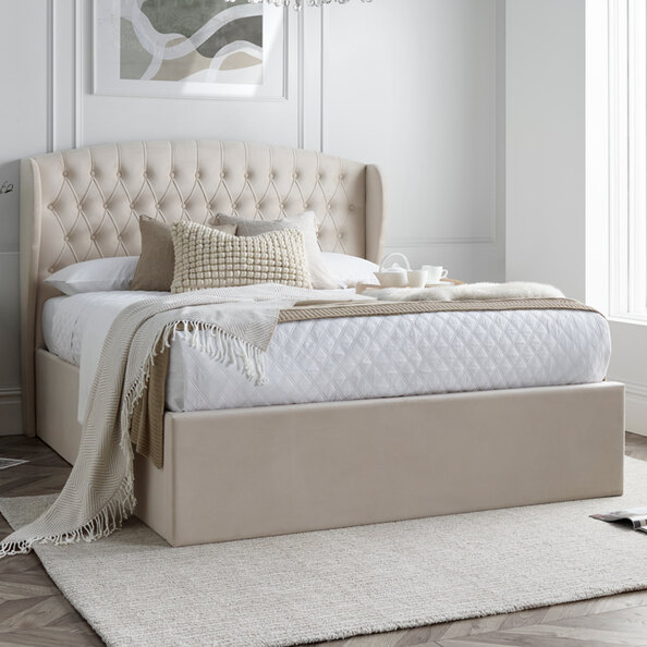 Warren Velvet Ottoman Storage Double Bed In Oatmeal
