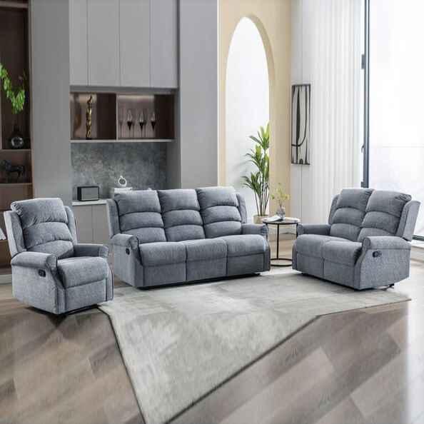 Warth Fabric Recliner Sofa Suite In Steel Blue