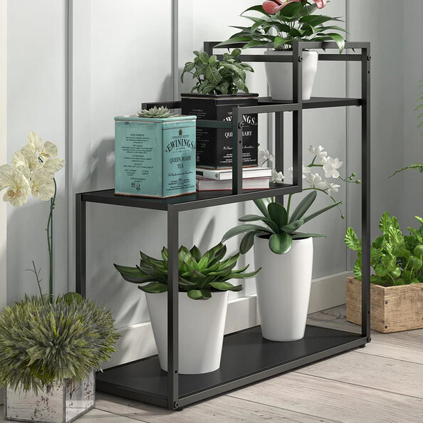 Warton Wooden Plant Stand With Metal Frame In Black