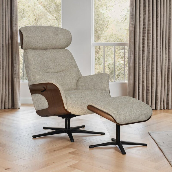 Watseka Fabric Recliner Chair With Stool In Oatmeal